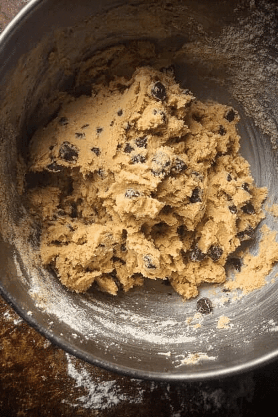 Raw chocolate chip edible cookie dough in a mixing bowl, ready to be rolled or eaten.
