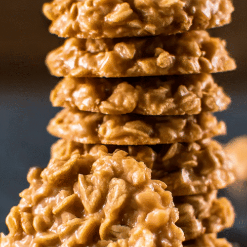 Stack of chewy Classic Butterscotch No Bake Cookies with oats and butterscotch