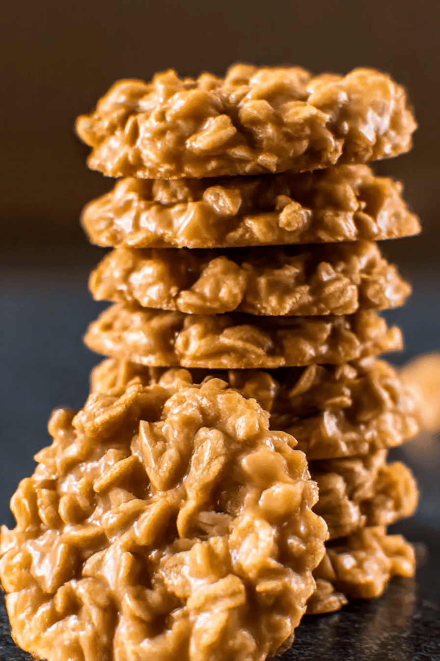 Stack of chewy Classic Butterscotch No Bake Cookies with oats and butterscotch