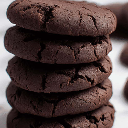 Stack of rich and chewy Quick Cocoa No Bake Cookies with rustic edges on marble surface
