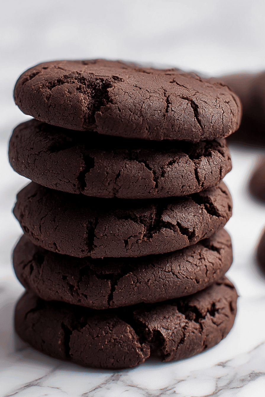 Stack of rich and chewy Quick Cocoa No Bake Cookies with rustic edges on marble surface