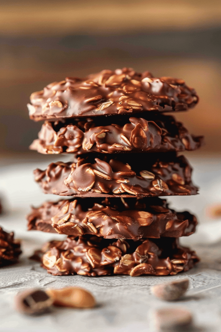 Stack of chewy peanut butter chocolate no bake cookies on marble counter