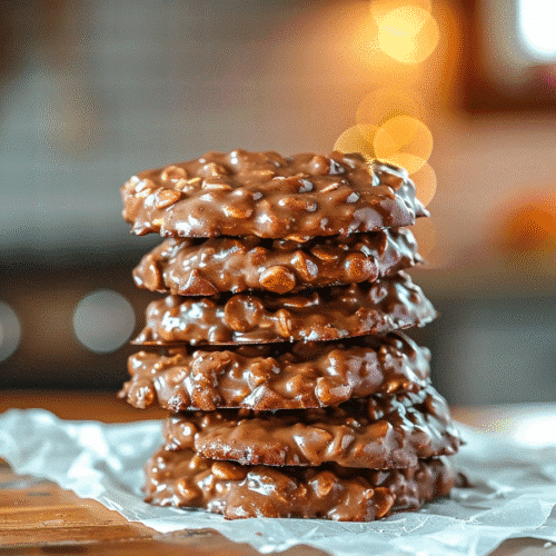 Stack of chewy Back-to-School No Bake Cookies with glossy chocolate and oats on parchment paper