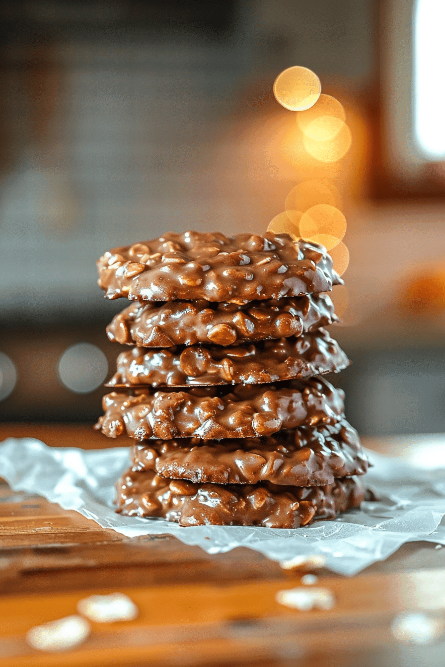 Stack of chewy Back-to-School No Bake Cookies with glossy chocolate and oats on parchment paper