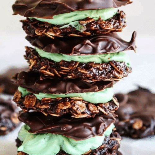 Stack of Chocolate Mint No Bake Cookies with mint frosting and dark chocolate on white background