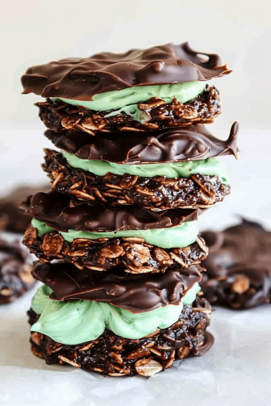 Stack of Chocolate Mint No Bake Cookies with mint frosting and dark chocolate on white background