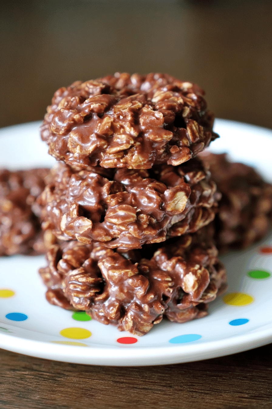 Stacked Classic No Bake Cookies with Honey showing chocolate, oats, and peanut butter texture up close on a white plate