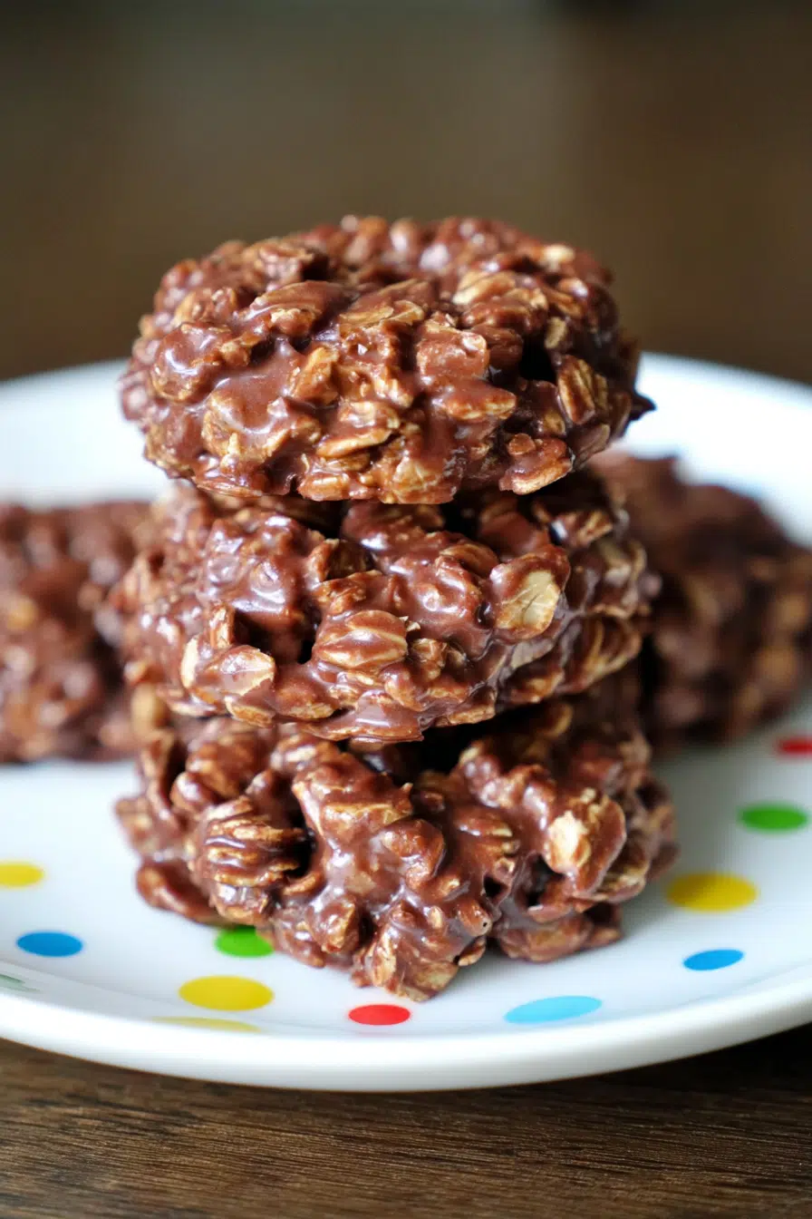 Stacked Classic No Bake Cookies with Honey showing chocolate, oats, and peanut butter texture up close on a white plate