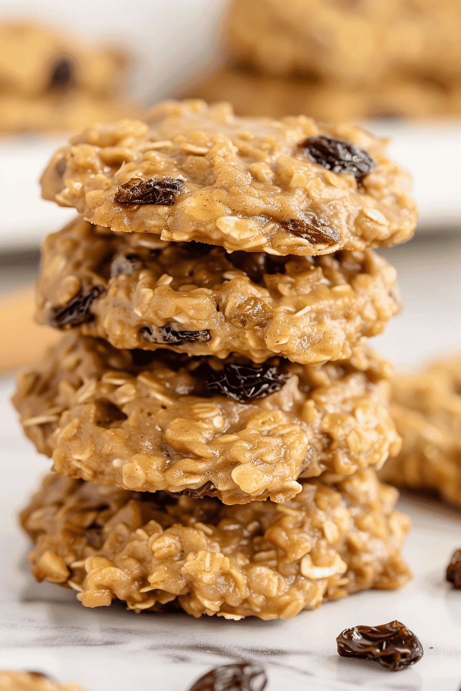 Tall stack of chewy classic no bake cookies with raisins, oats, and butter.