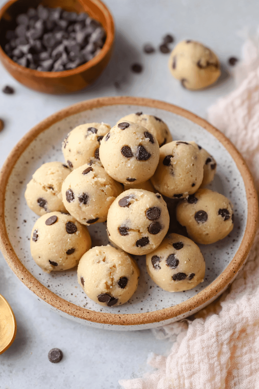 Stacked cottage cheese cookie dough bites with chocolate chips in a ceramic bowl on marble background