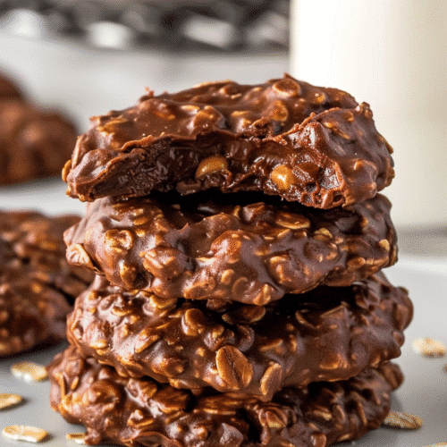 Stack of Easy No Bake Chocolate Fudge Cookies with oats and a bite taken out, next to a glass of milk