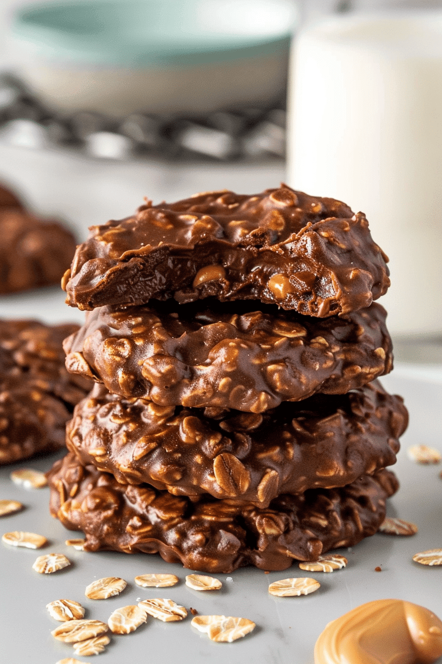 Stack of Easy No Bake Chocolate Fudge Cookies with oats and a bite taken out, next to a glass of milk