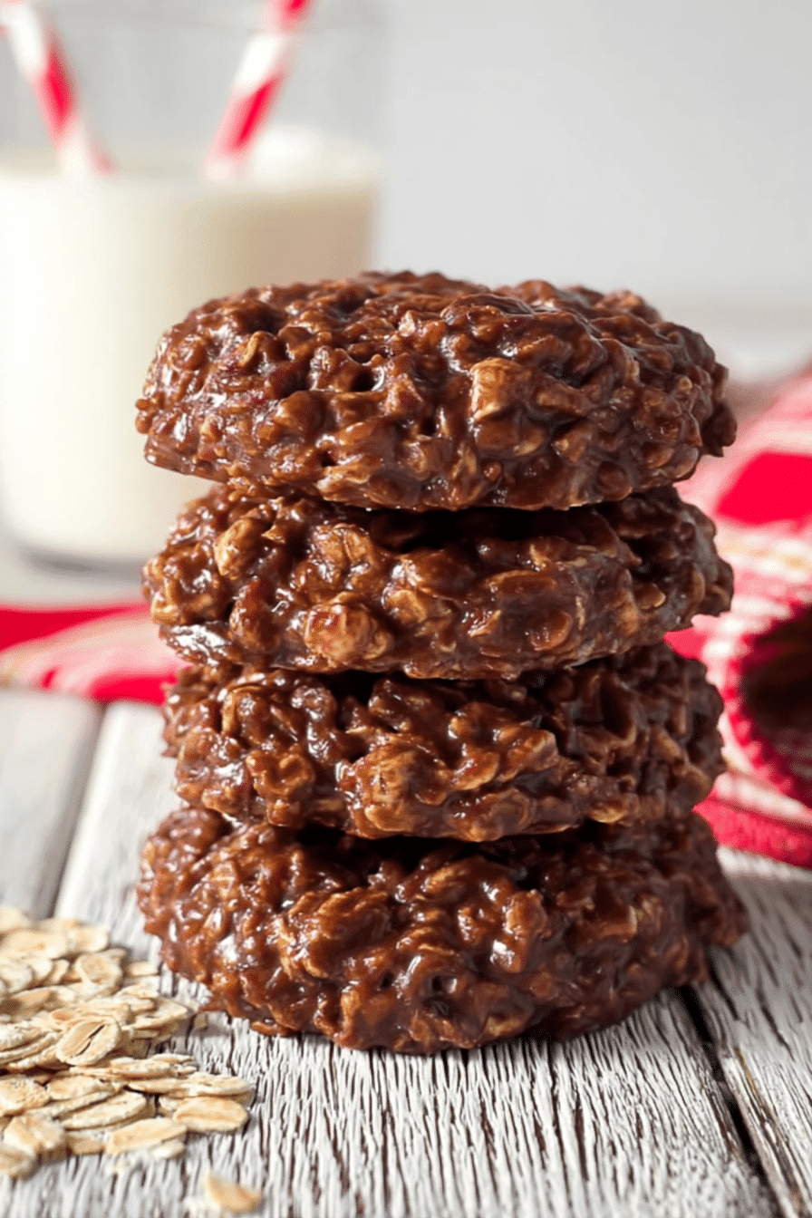 Stack of rich, chewy no bake cookies made with powdered milk, oats, and cocoa on a rustic wooden table