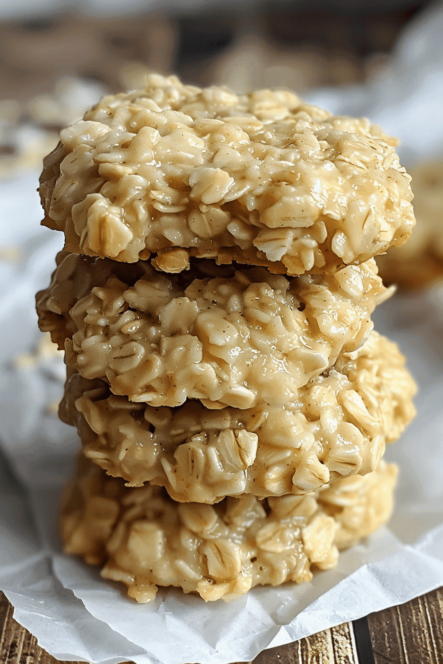 Stack of No Bake Cookies with Vanilla Pudding Mix showing chewy texture and creamy vanilla color