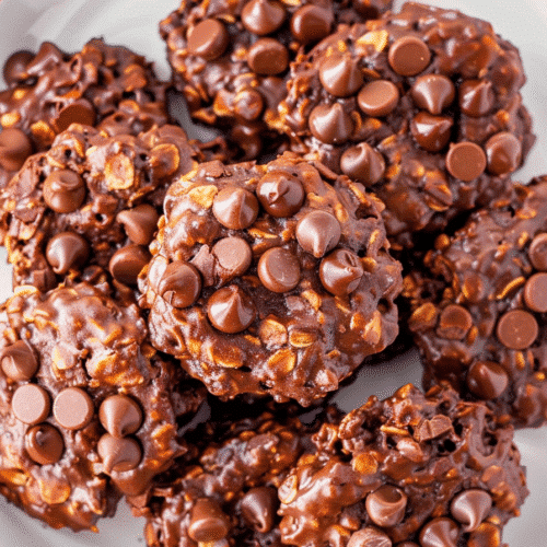 Top view of chocolate chip no bake cookies on a white plate with a red rim, made with oats, peanut butter, and cocoa.
