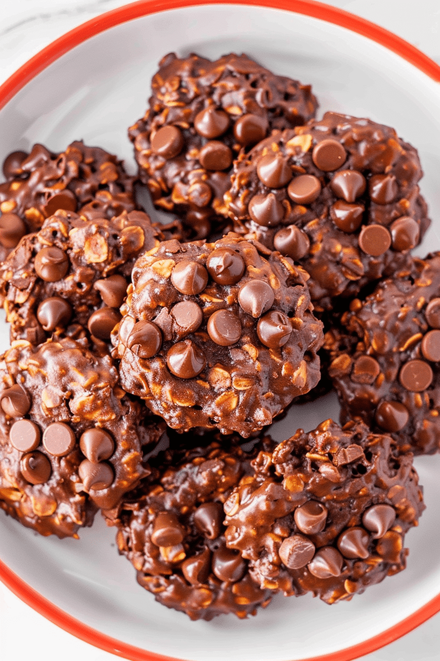 Top view of chocolate chip no bake cookies on a white plate with a red rim, made with oats, peanut butter, and cocoa.