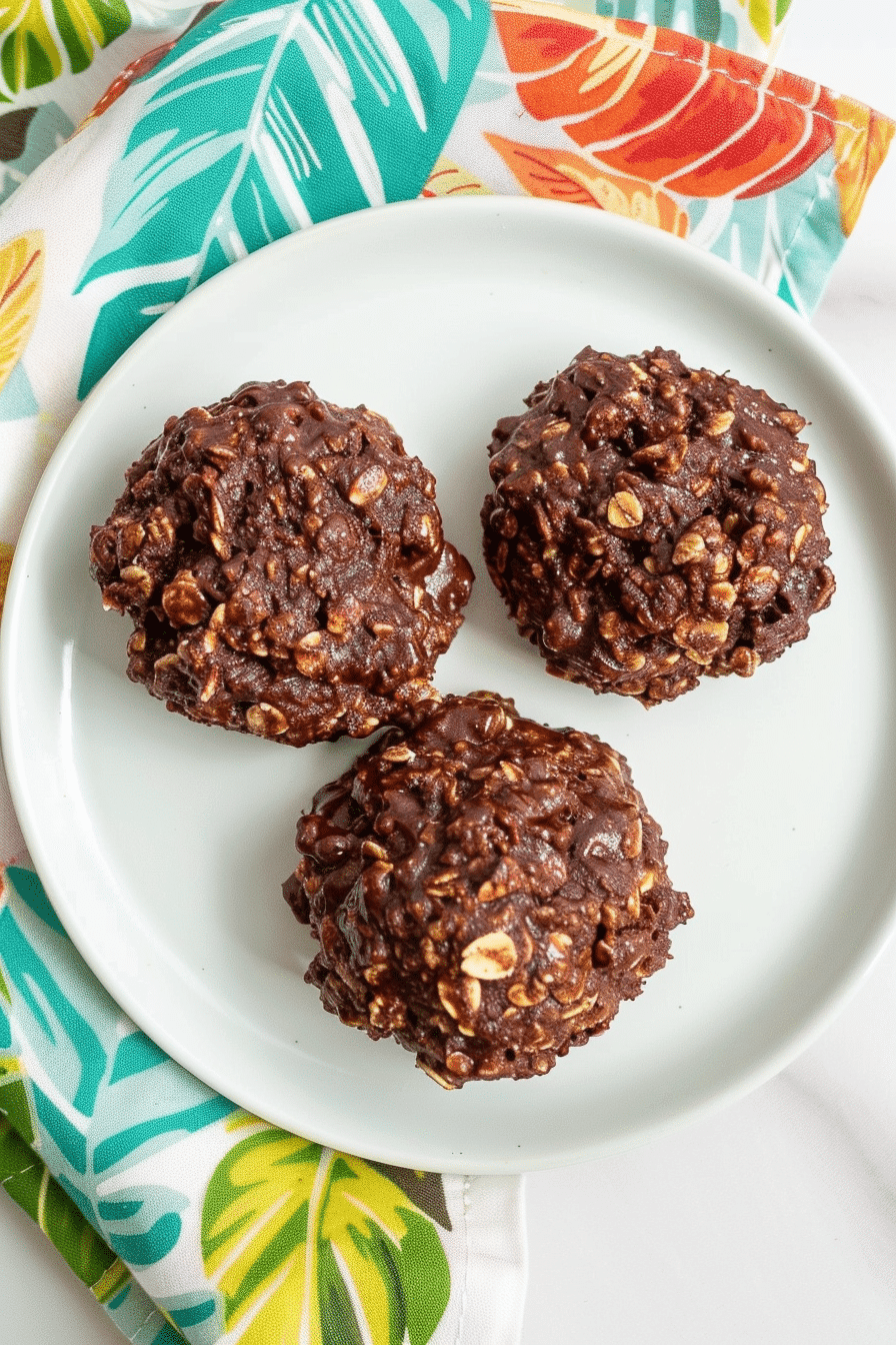 Top view of three Easy No Bake Chocolate Fudge Cookies with oats and cocoa on a white plate
