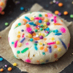 unicorn no bake cookies topped with colorful rainbow sprinkles and edible glitter on parchment paper