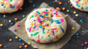 unicorn no bake cookies topped with colorful rainbow sprinkles and edible glitter on parchment paper