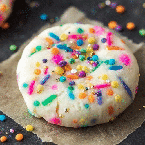 unicorn no bake cookies topped with colorful rainbow sprinkles and edible glitter on parchment paper