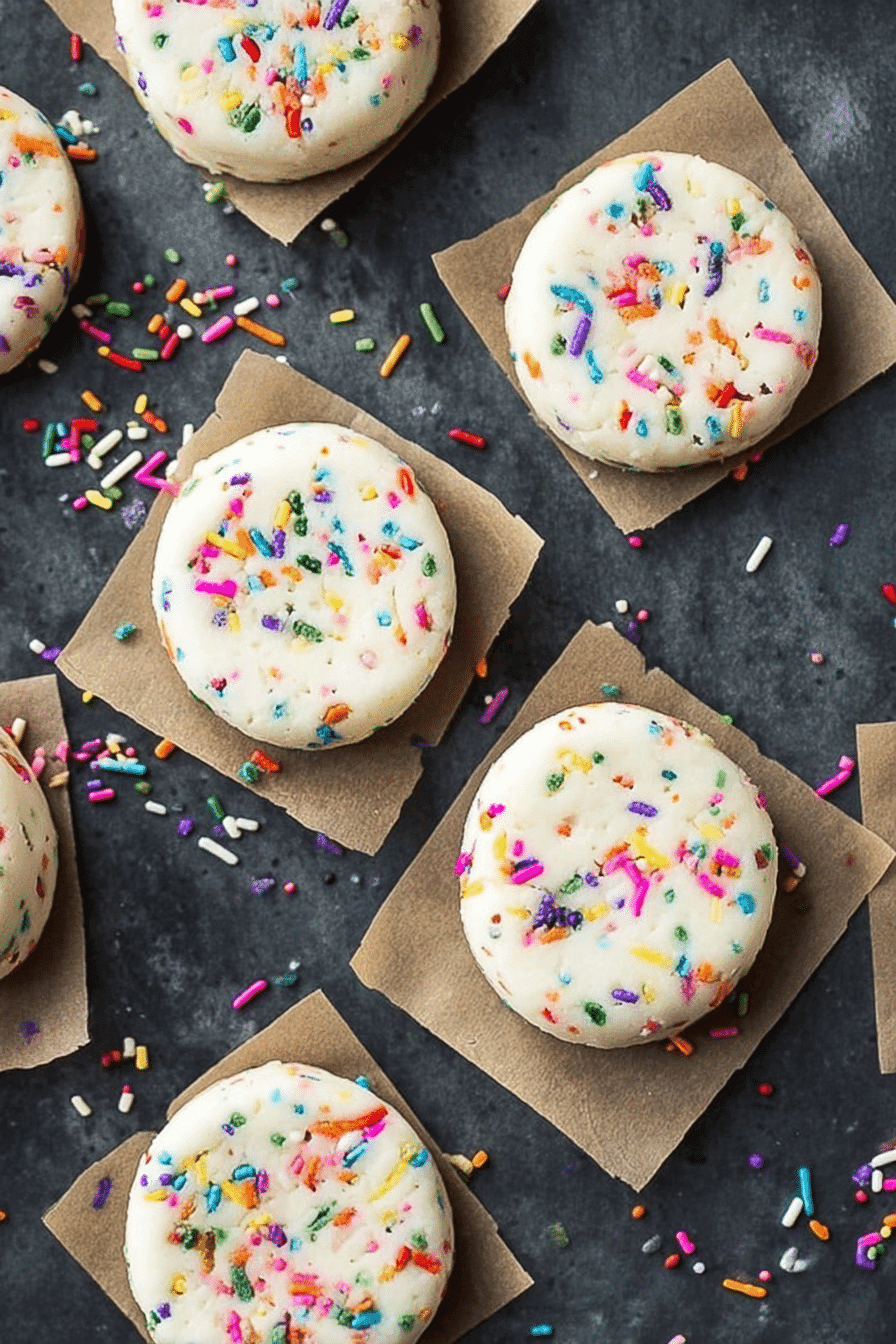 Flat lay of unicorn no-bake cookies topped with rainbow sprinkles on parchment paper
