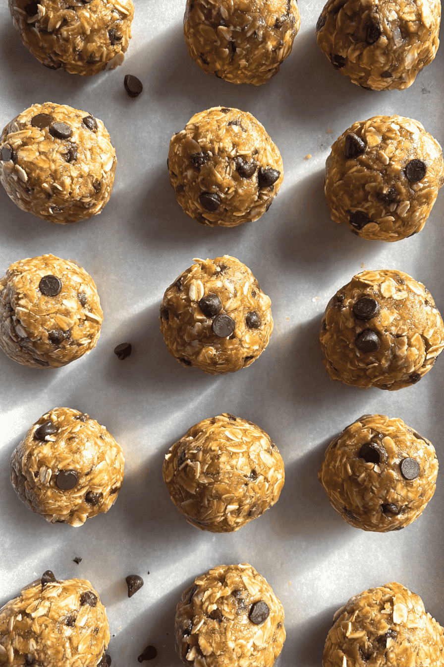 Allergy-friendly no-bake bites with oats and chocolate chips on parchment paper
