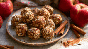 Apple cinnamon no-bake bites made with oats, seeds, and spices on a ceramic plate with fresh apples and cinnamon sticks