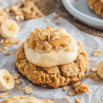 banana pudding oatmeal cookie with creamy mousse, caramel chips, and banana slices