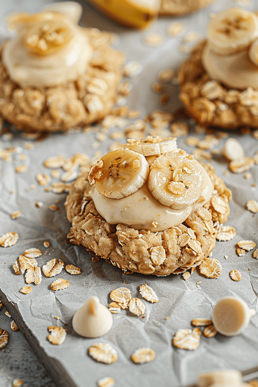 Close-up of banana pudding oatmeal cookie topped with banana slices and creamy mousse