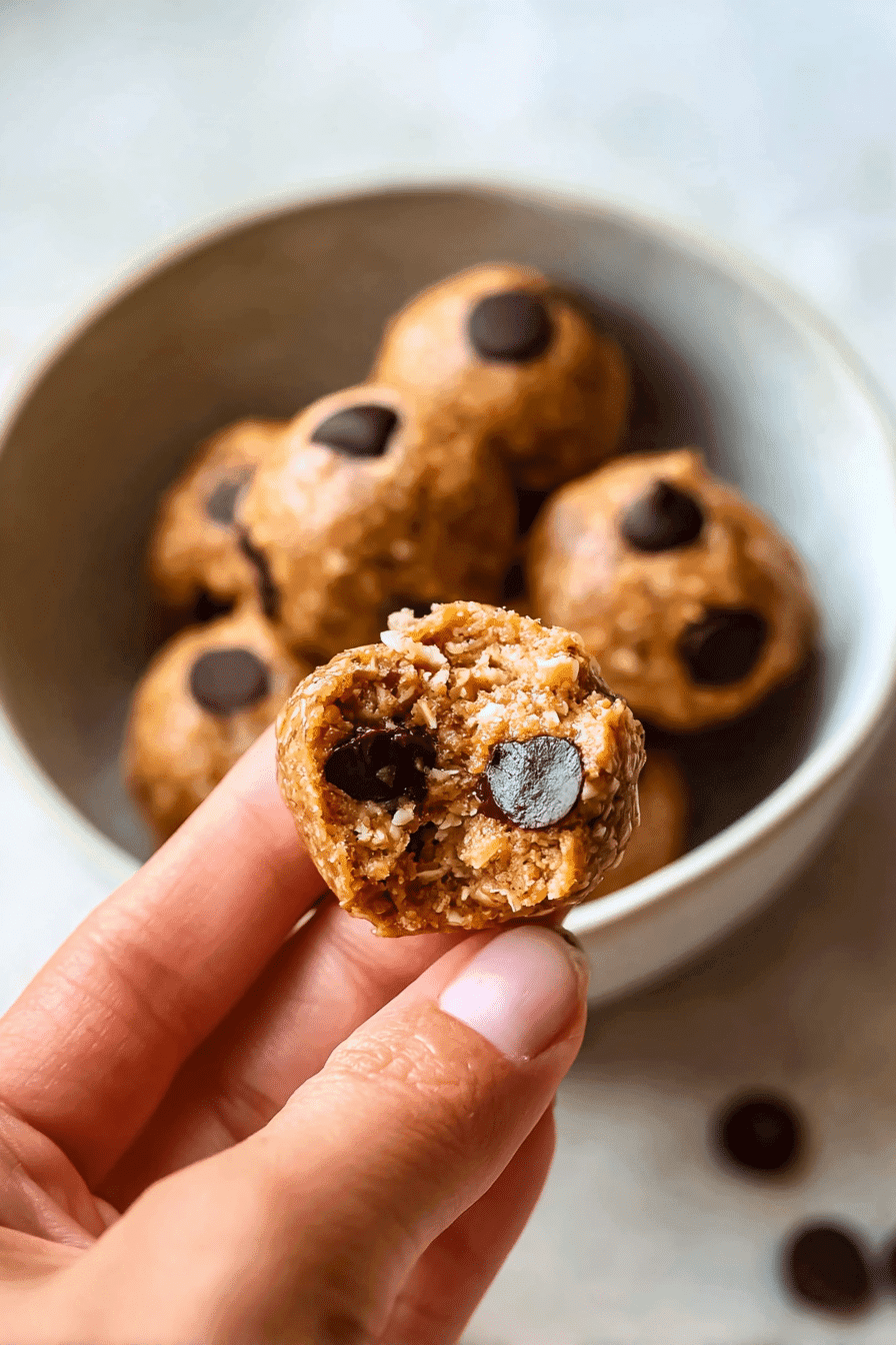 Close-up of a bitten vegan no-bake cookie bite with chocolate chips, held in hand.