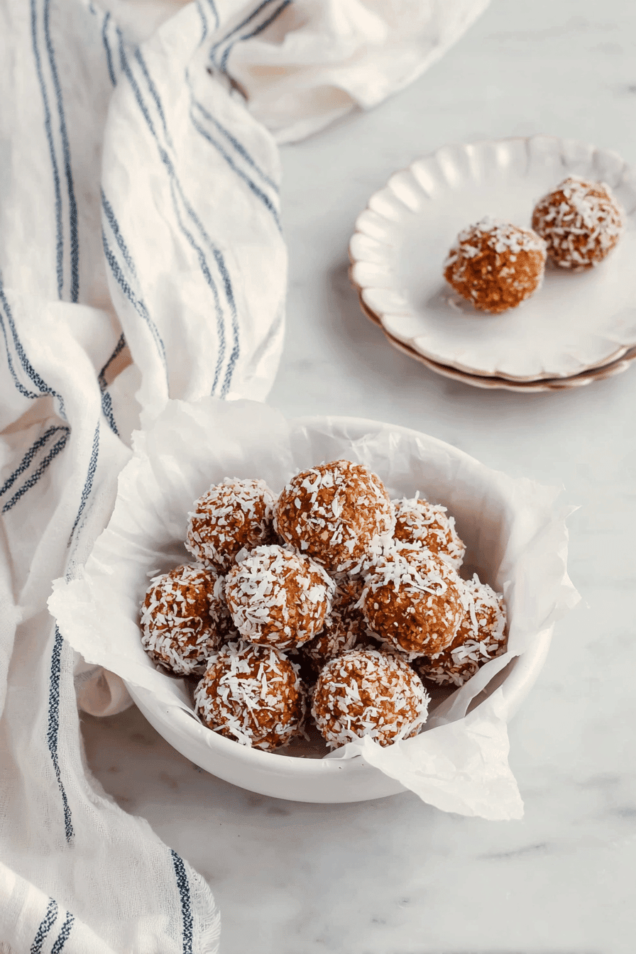 Rustic carrot cake energy balls with shredded coconut served in a white bowl on marble
