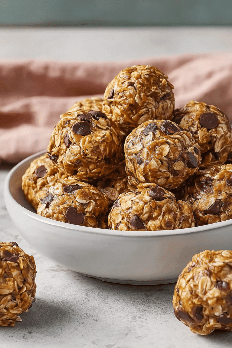 Chocolate chip oat energy bites stacked in a white bowl on a kitchen counter
