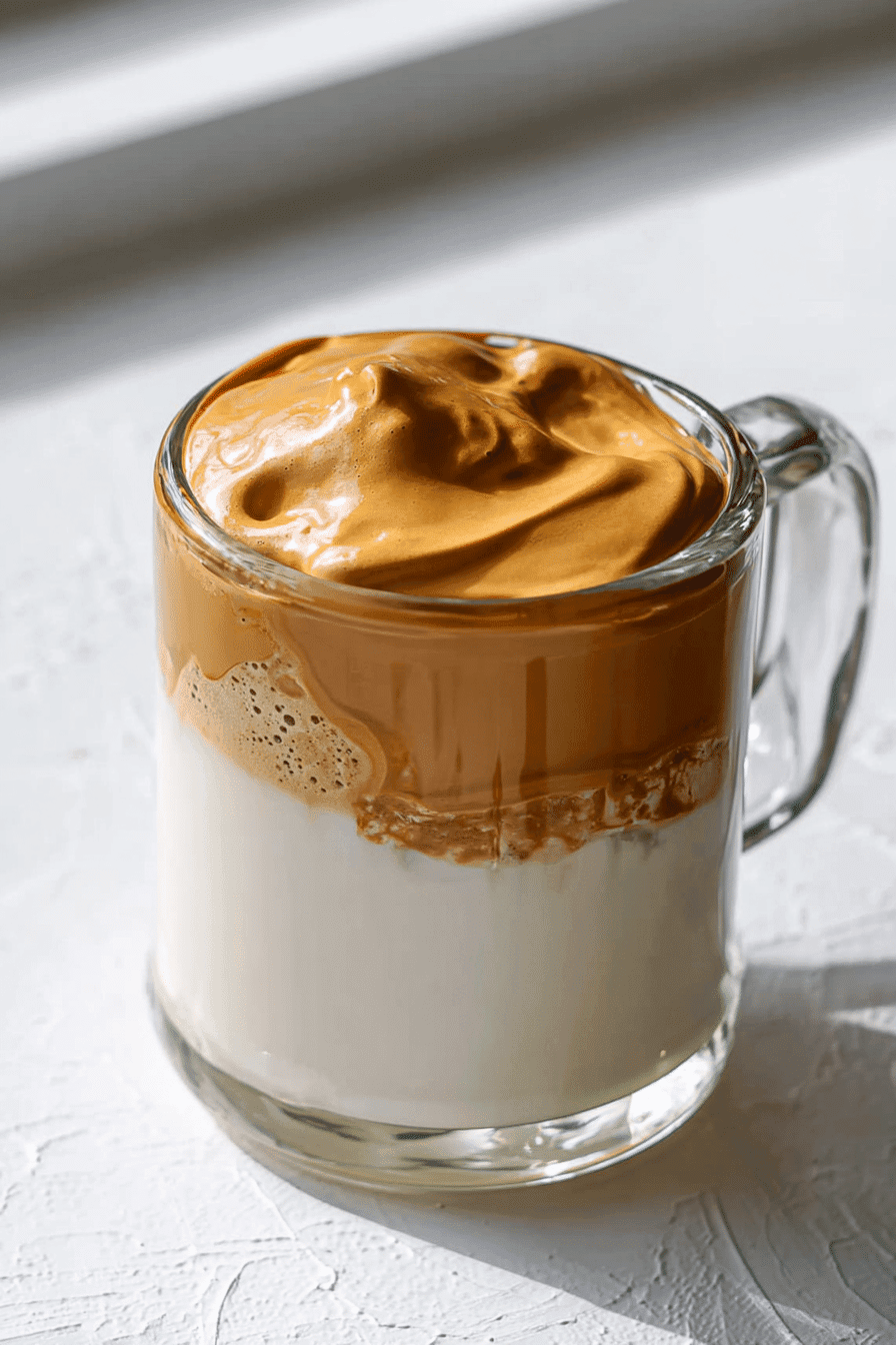 Cloud coffee recipe with whipped golden foam over milk in a glass mug on a white surface