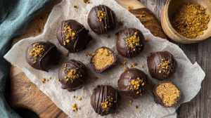 Collagen protein balls coated in dark chocolate with nutty filling and bee pollen topping