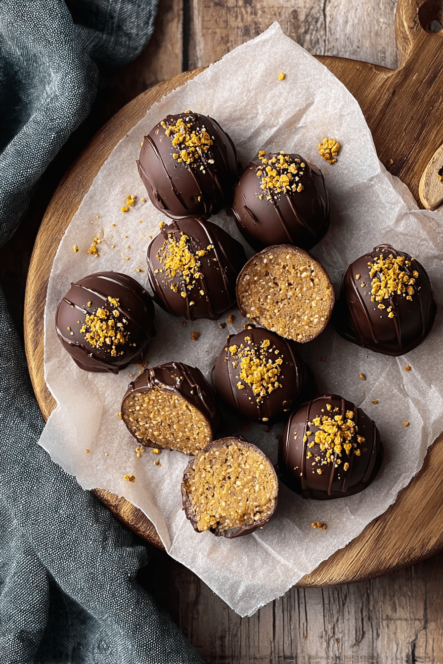 Collagen protein balls on wooden board, coated in dark chocolate and topped with bee pollen