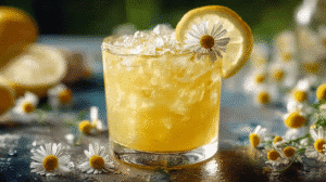 Cortisol cocktail recipe with citrus, chamomile, and ice in a glass garnished with lemon and flower