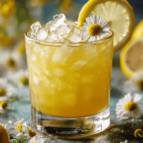 Cortisol cocktail recipe served with citrus juice, chamomile garnish, and crushed ice in a glass