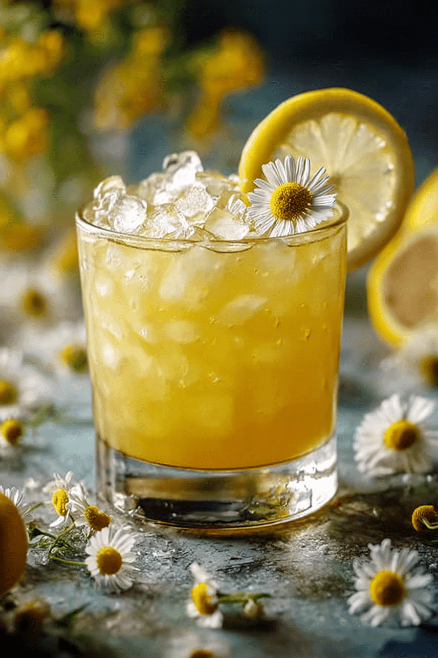 Cortisol cocktail recipe served with citrus juice, chamomile garnish, and crushed ice in a glass