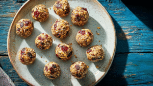 Cranberry orange energy balls made with oats and dried cranberries on a ceramic plate