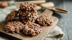 dairy-free no-bake cookies on a wooden cutting board.