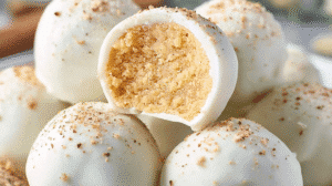Eggnog cookie balls coated in white chocolate with nutmeg sprinkle, holiday dessert close-up