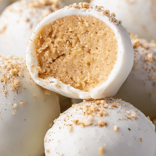 Eggnog cookie truffles coated in white chocolate and sprinkled with nutmeg, festive dessert close-up