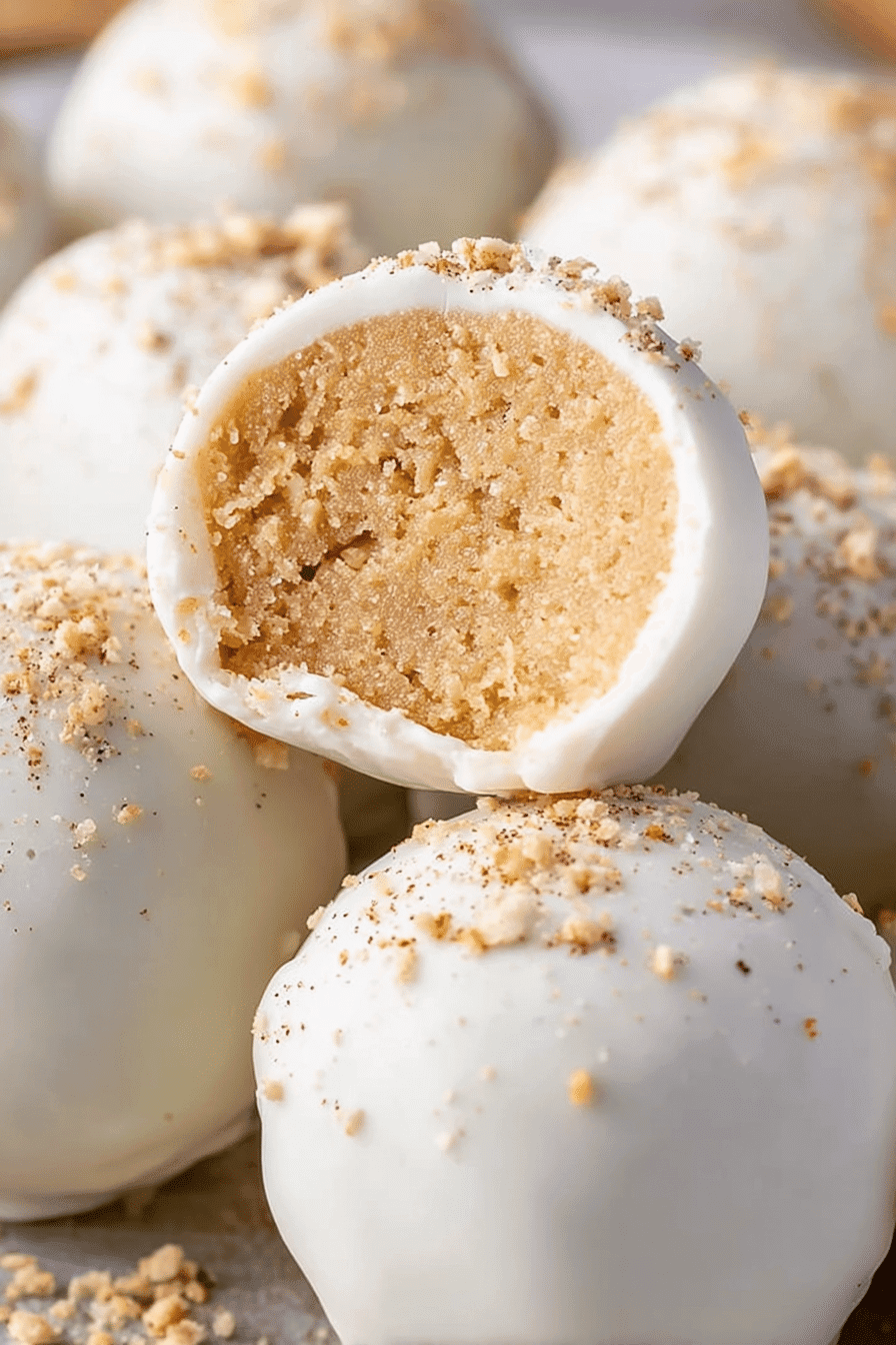Eggnog cookie truffles coated in white chocolate and sprinkled with nutmeg, festive dessert close-up