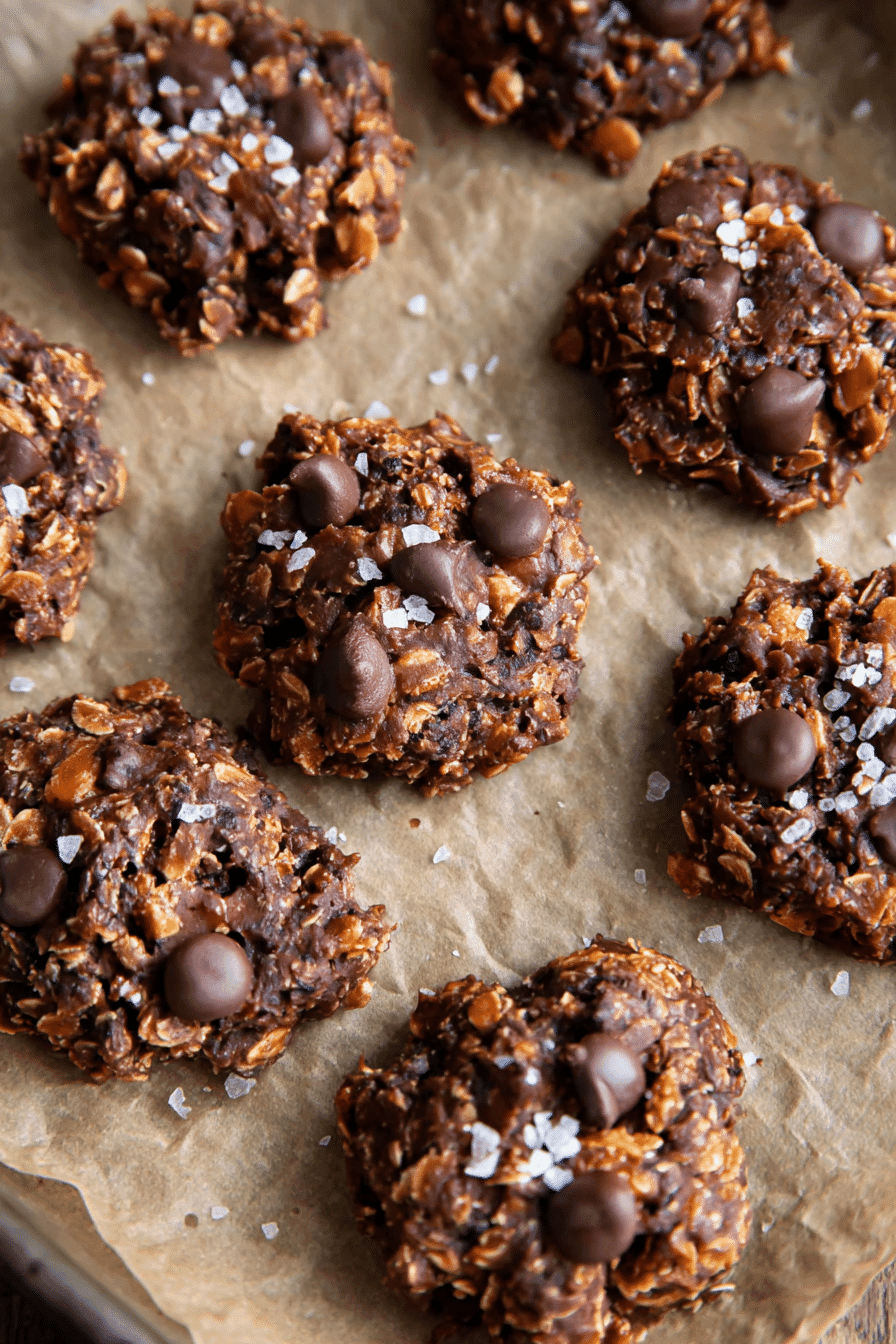 Grain-free no-bake cookies with chocolate chips and sea salt on parchment paper