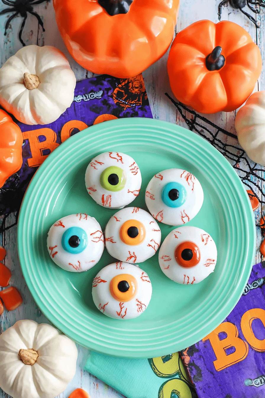 Halloween-themed no-bake cookies decorated like eyeballs on a green plate with pumpkins and spooky decor