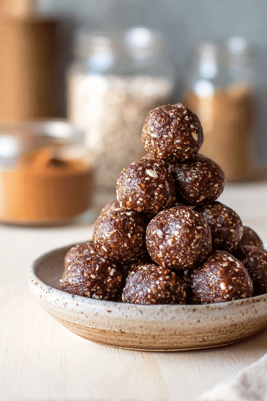 Healthy homemade chocolate oat energy balls stacked in ceramic bowl