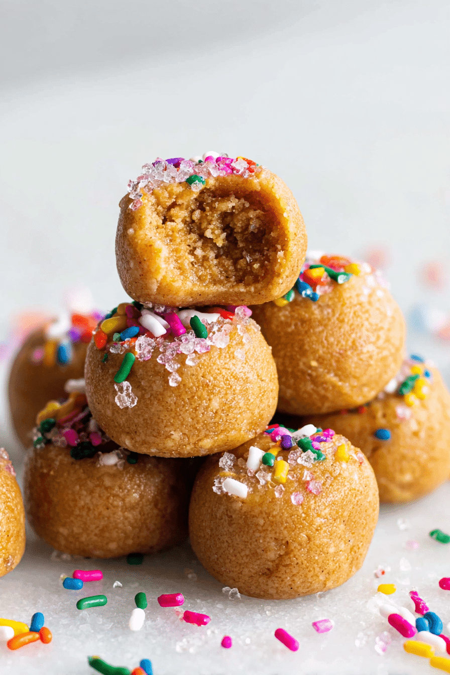 Healthy no-bake cookie bites with rainbow sprinkles stacked in pyramid