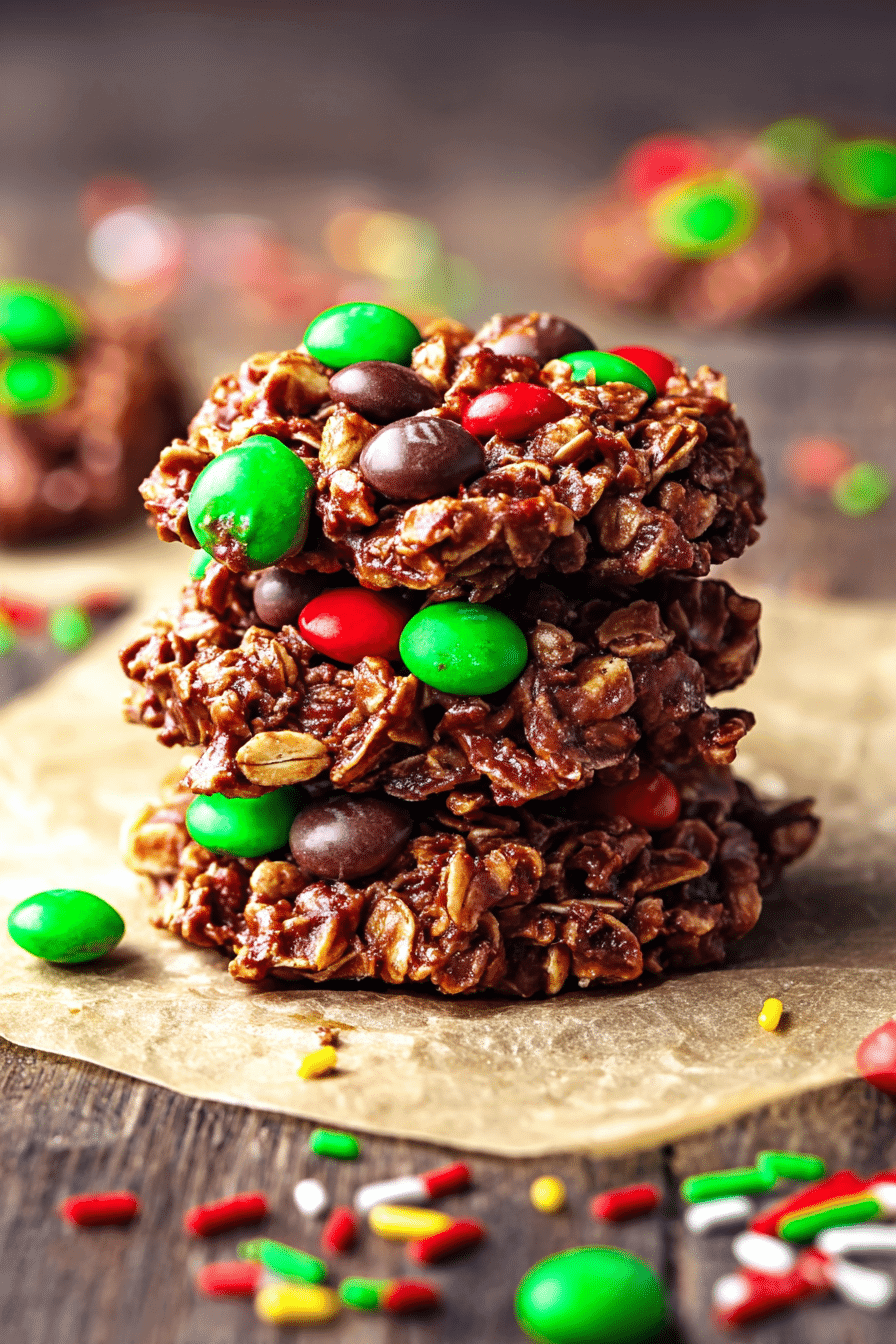 Holiday no-bake cookies with oats, chocolate, peanut butter, and festive M&M candies stacked on parchment paper.