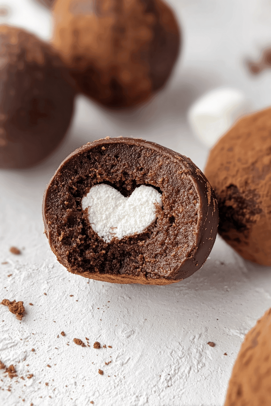 Hot cocoa energy bite with heart-shaped marshmallow center and cocoa-dusted truffles