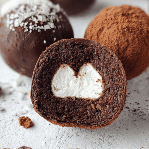 Hot cocoa energy bites with marshmallow center and chocolate coating on white background